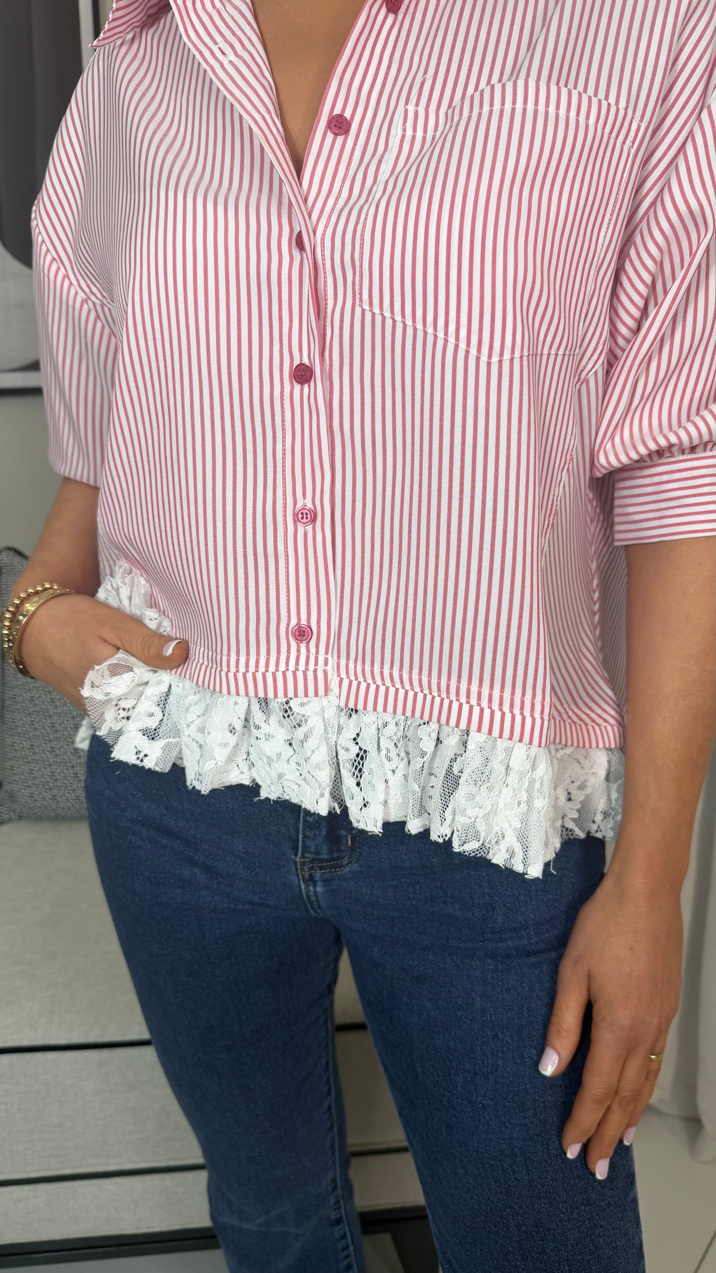 Red Oversized Lace Trim Shirt