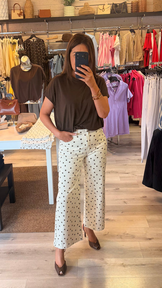 Polly Polka Dot Wide-Leg Cropped Jeans – Cream/Brown