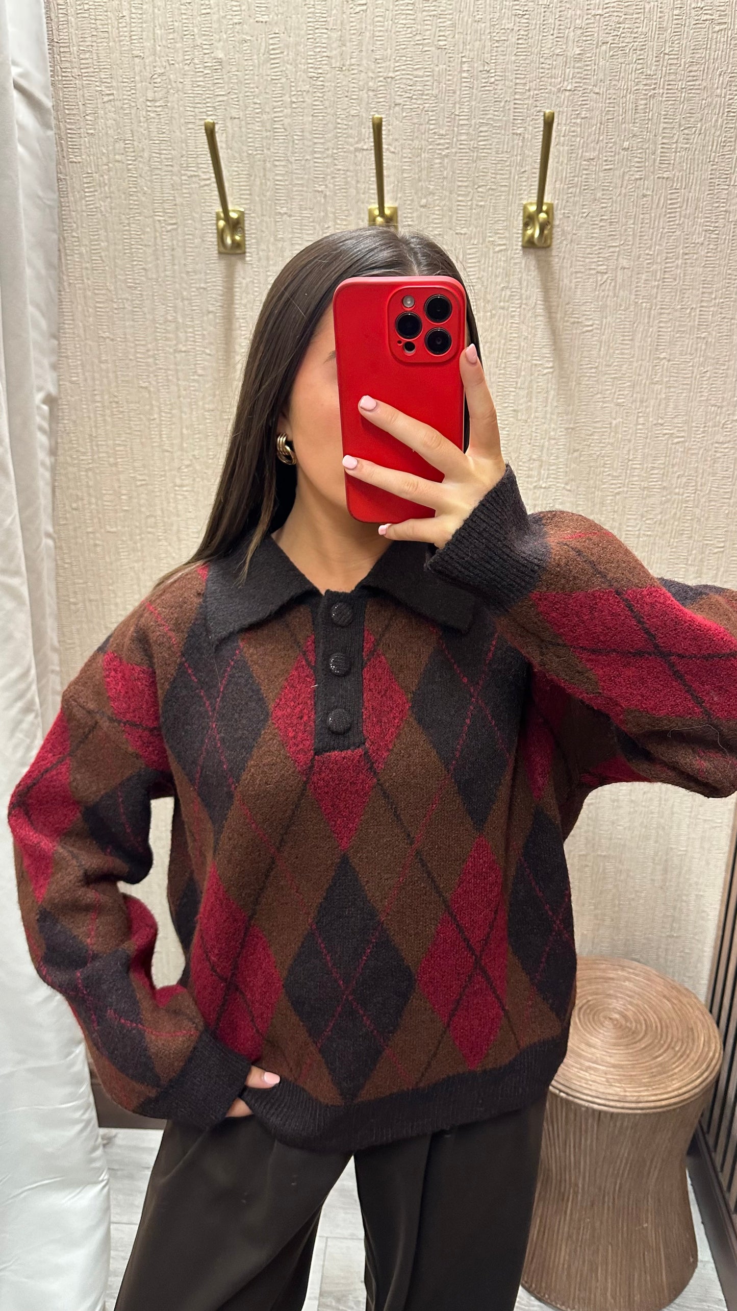 Brown & Red Argyle Knit