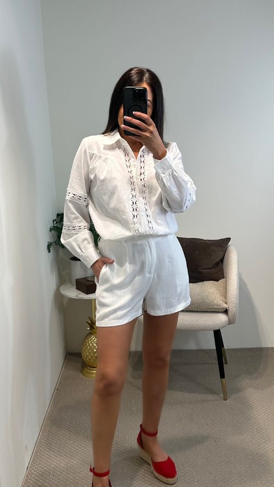 White Linen-Blend Shorts