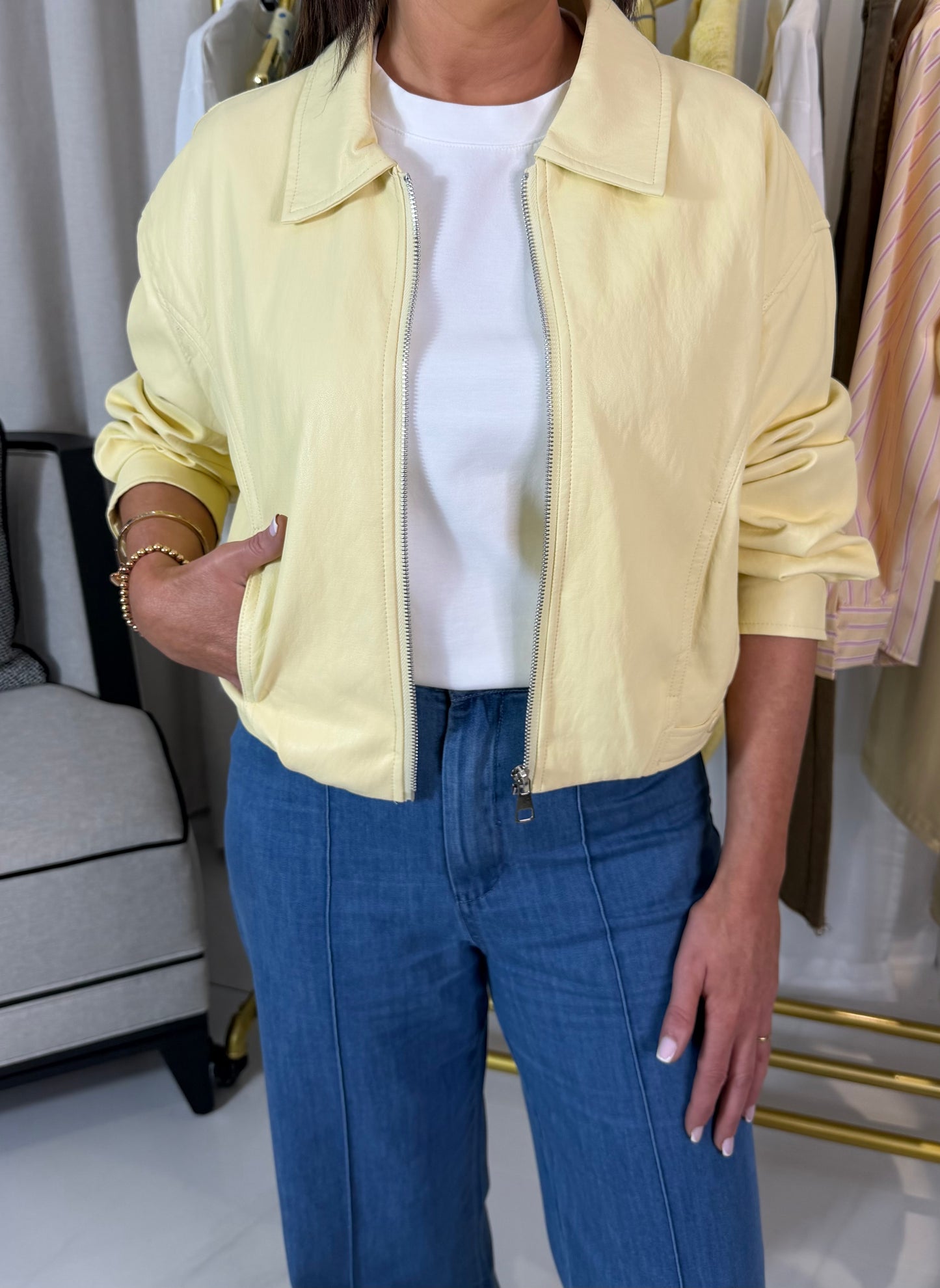 Lemon Faux Leather Bomber Jacket