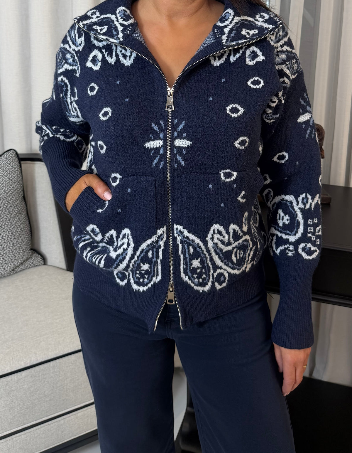 Navy Paisley Knit Zip