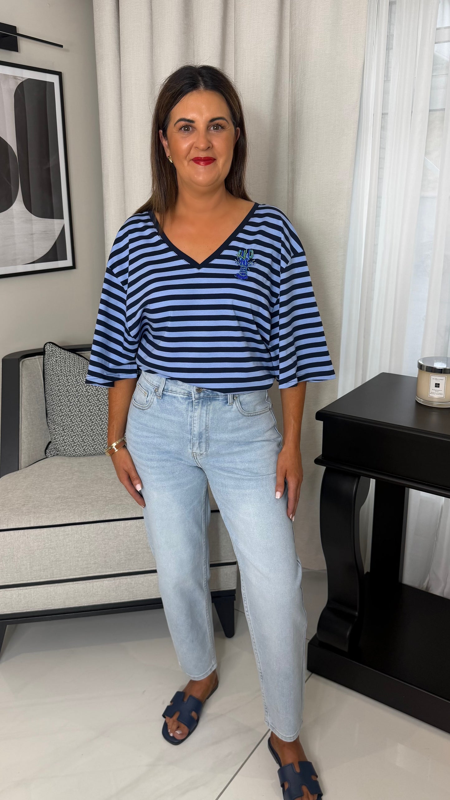 Navy & Blue Striped V-Neck T-Shirt