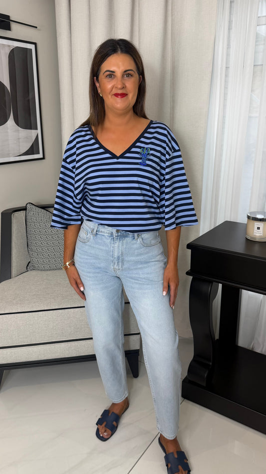 Navy & Blue Striped V-Neck T-Shirt
