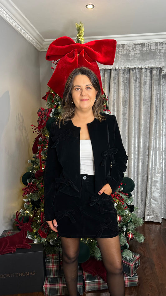 Black Velvet Bow Cropped Blazer
