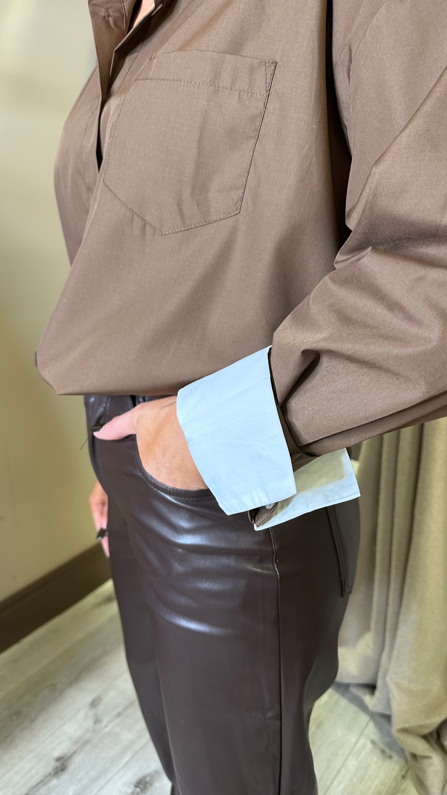 Brown Oversized Shirt with White Cuffs