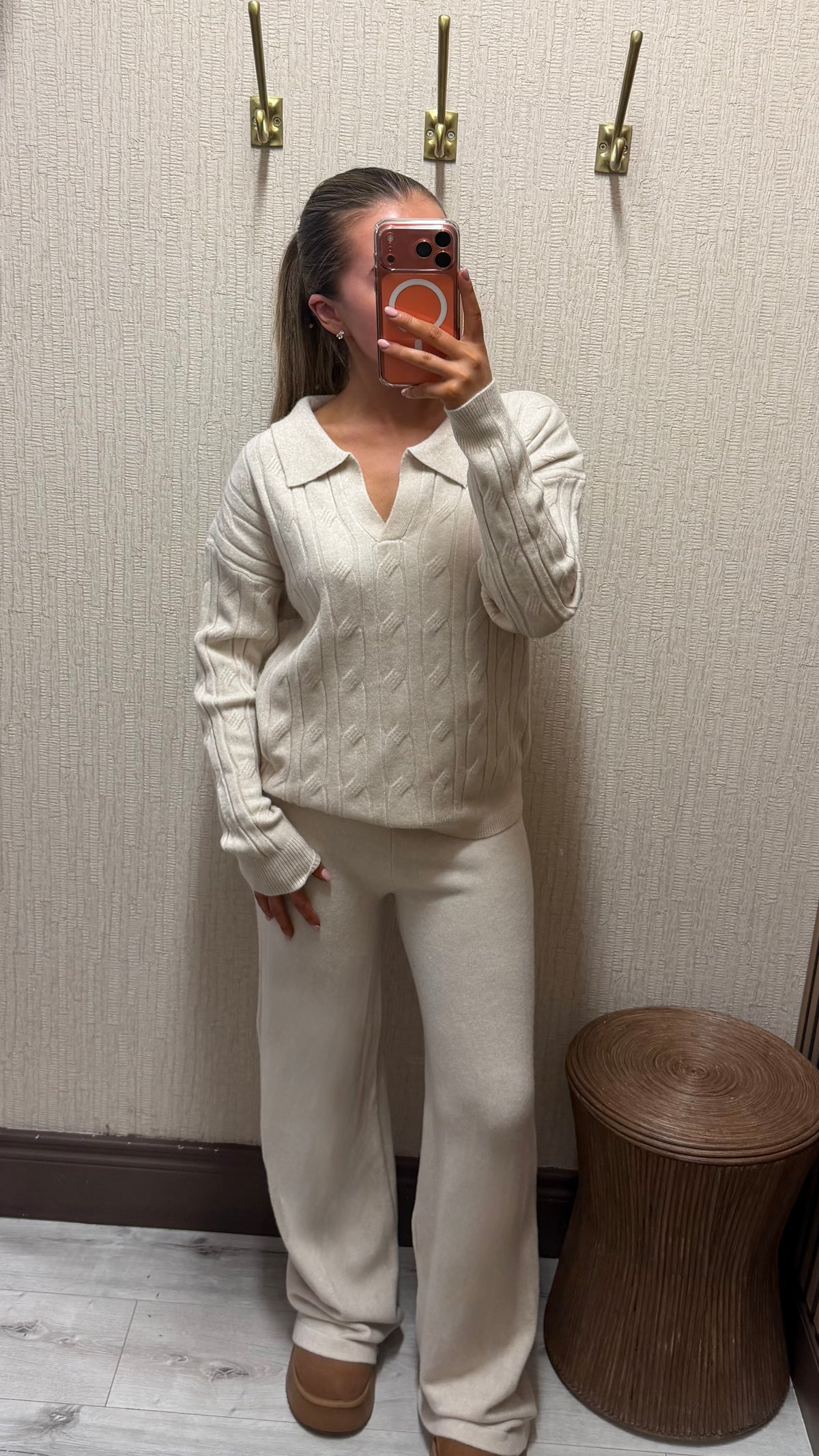 Cream-Polo Cable Knit Lounge Set