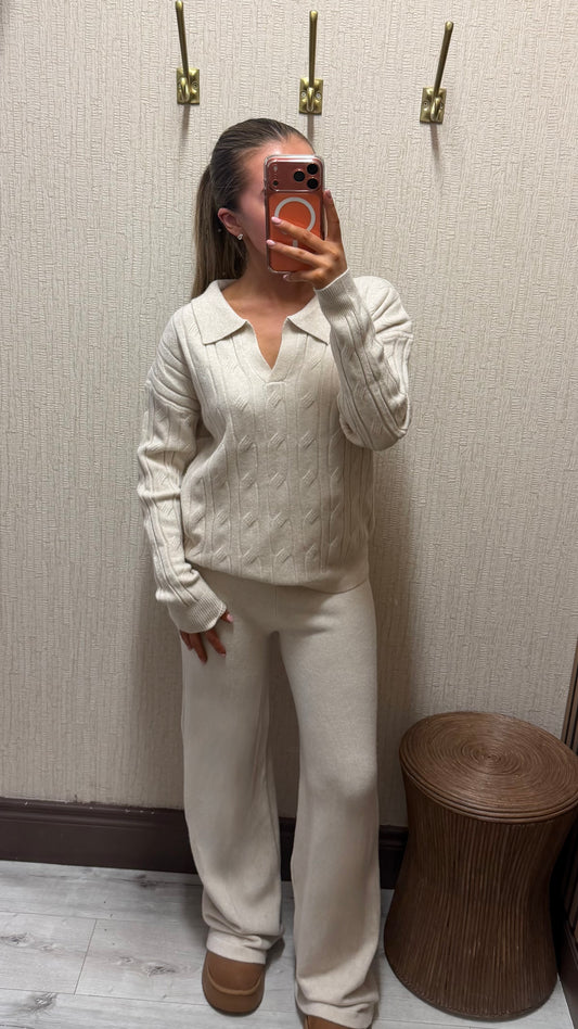 Cream-Polo Cable Knit Lounge Set