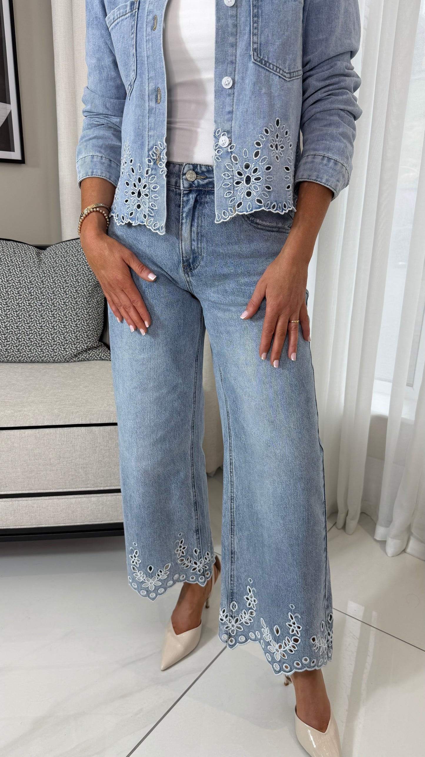 Denim Eyelet Embroidery Jeans