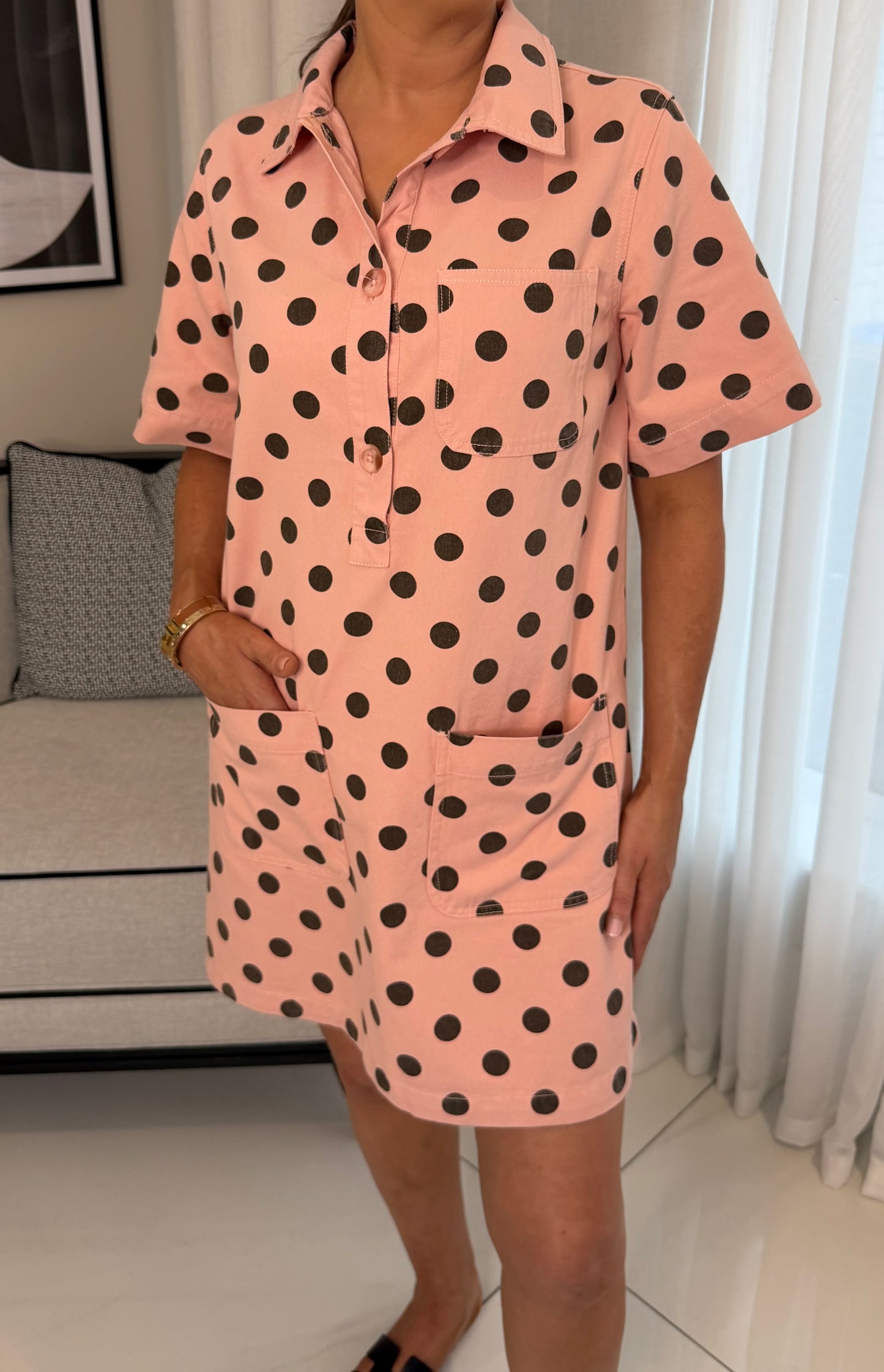 Peach & Brown Polka Dot Mini Dress