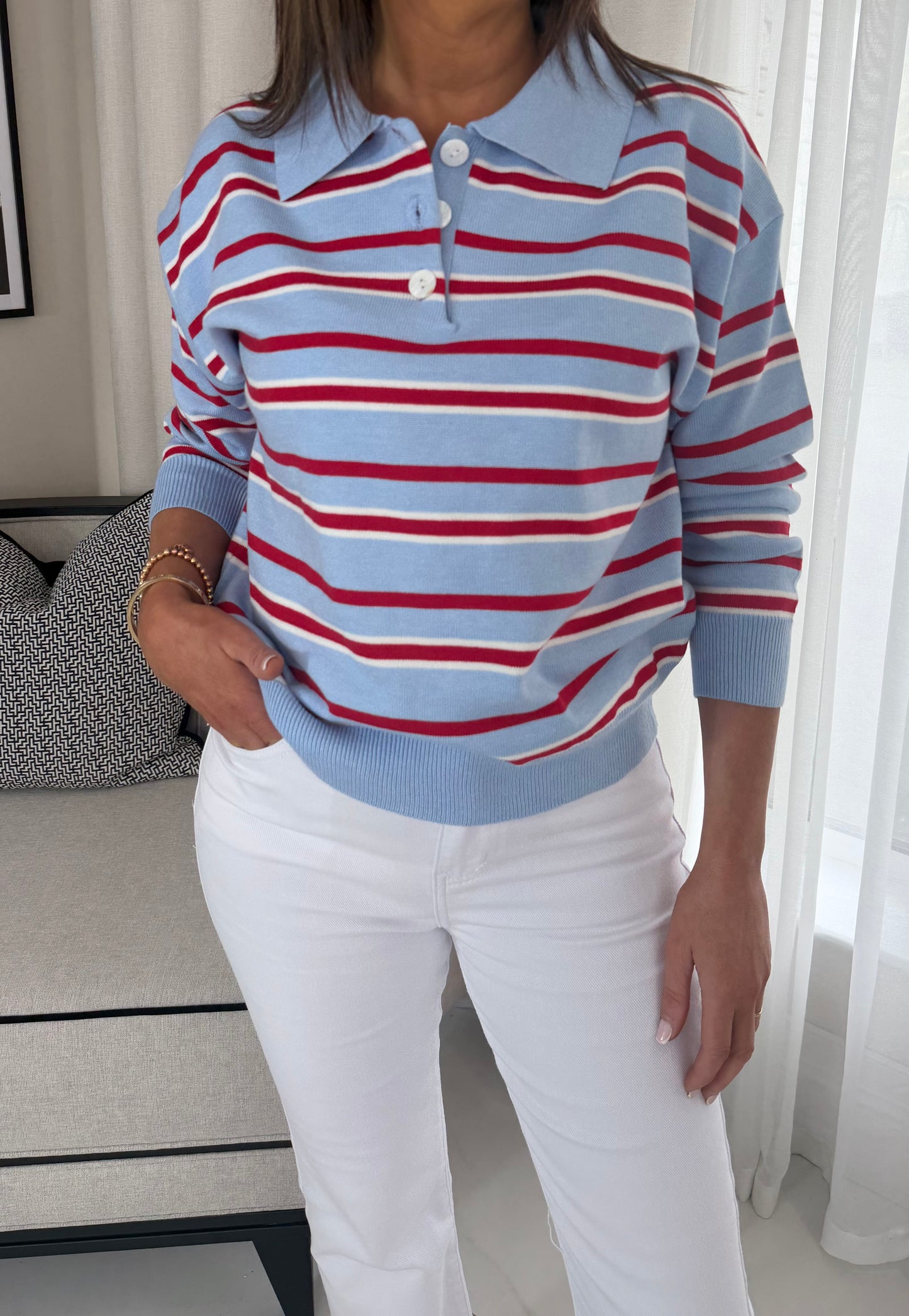Red & Blue Striped Polo Knit