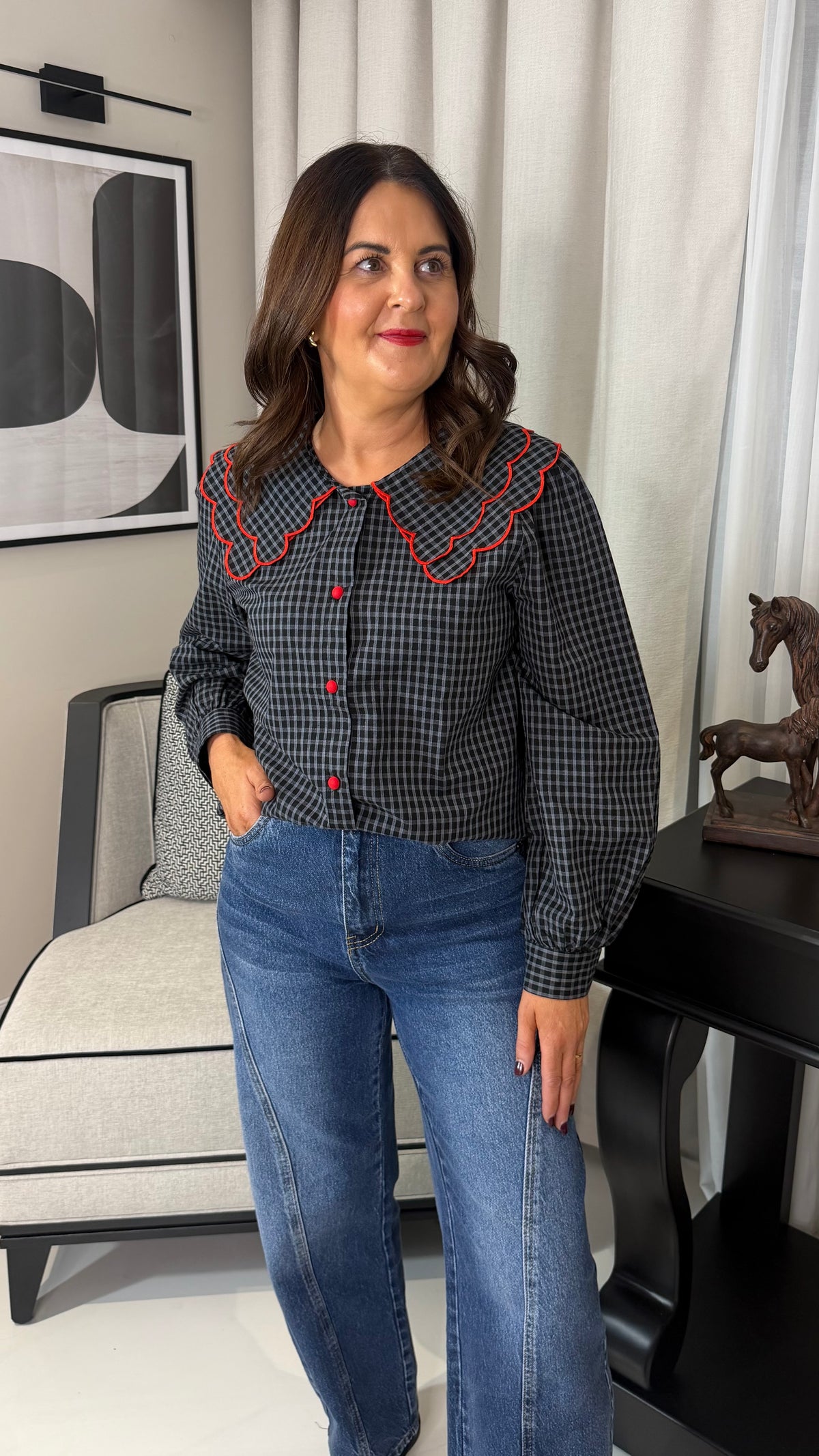 Grey Gingham Blouse with Red Trim