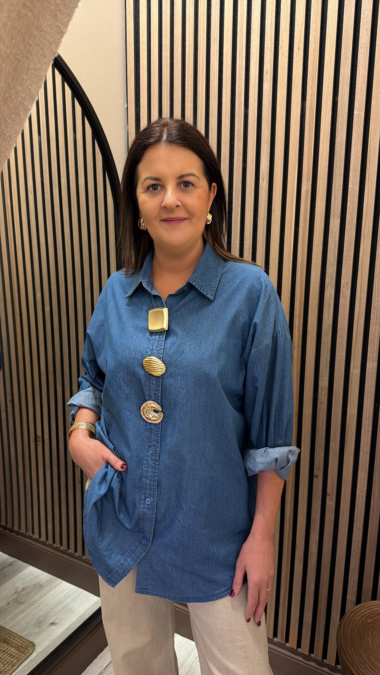 Denim Oversized Shirt with Statement Buttons