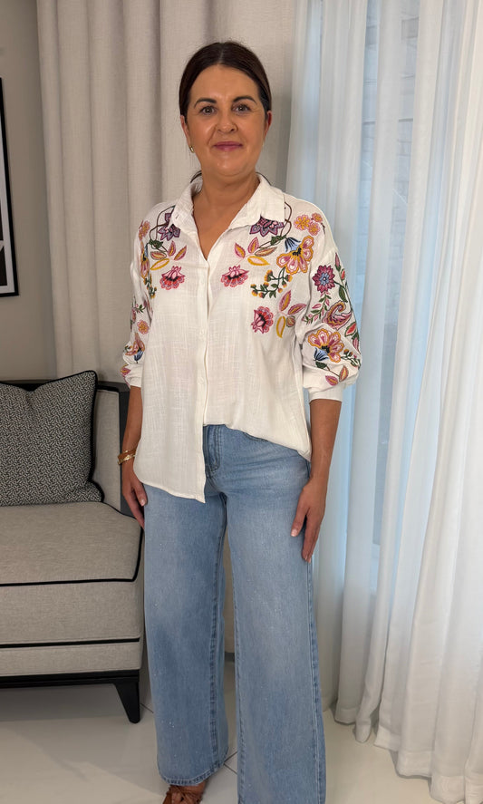 Emily White Embroidered Linen-Blend Shirt