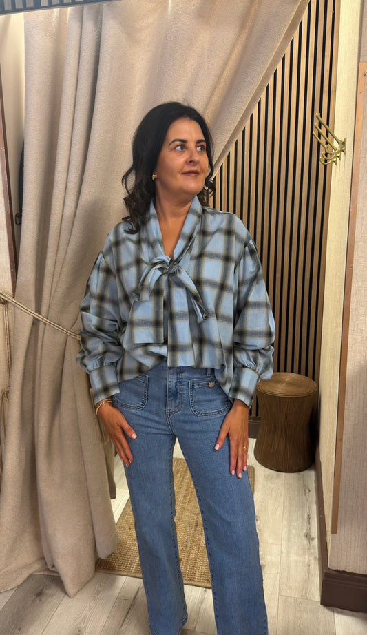 Blue Tartan Tie Bow Shirt