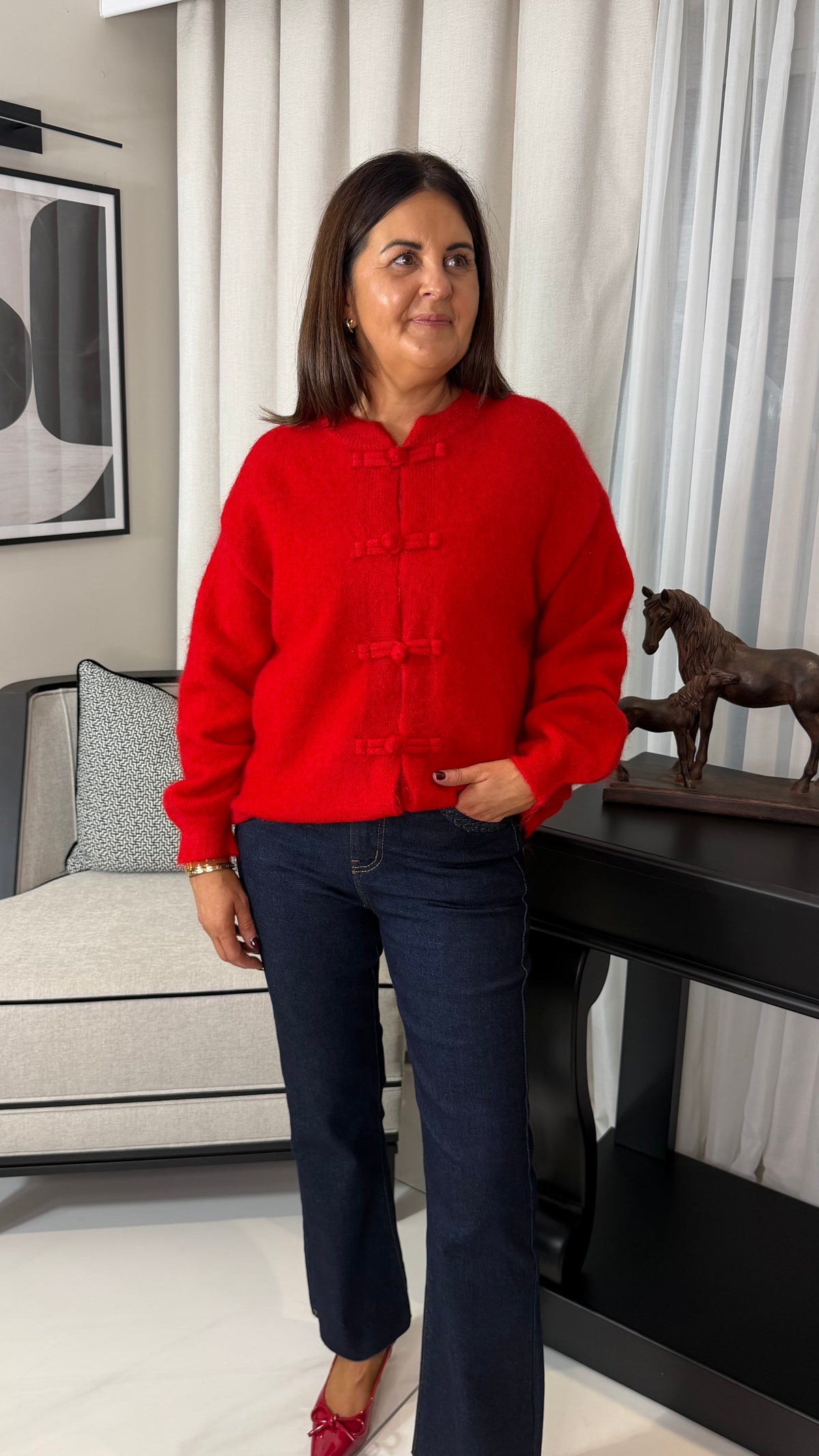 Red Mandarin Button Cardigan