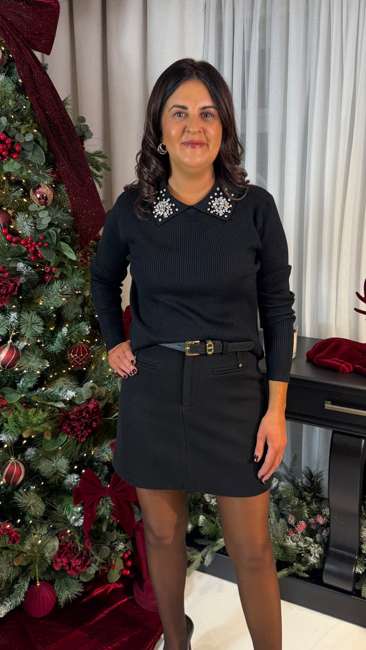 Black Embellished Collar Ribbed Knit