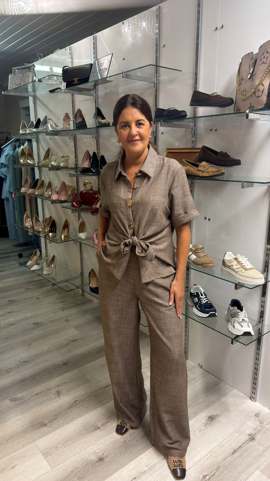 Tie-Detail Coffee Linen-Blend Shirt