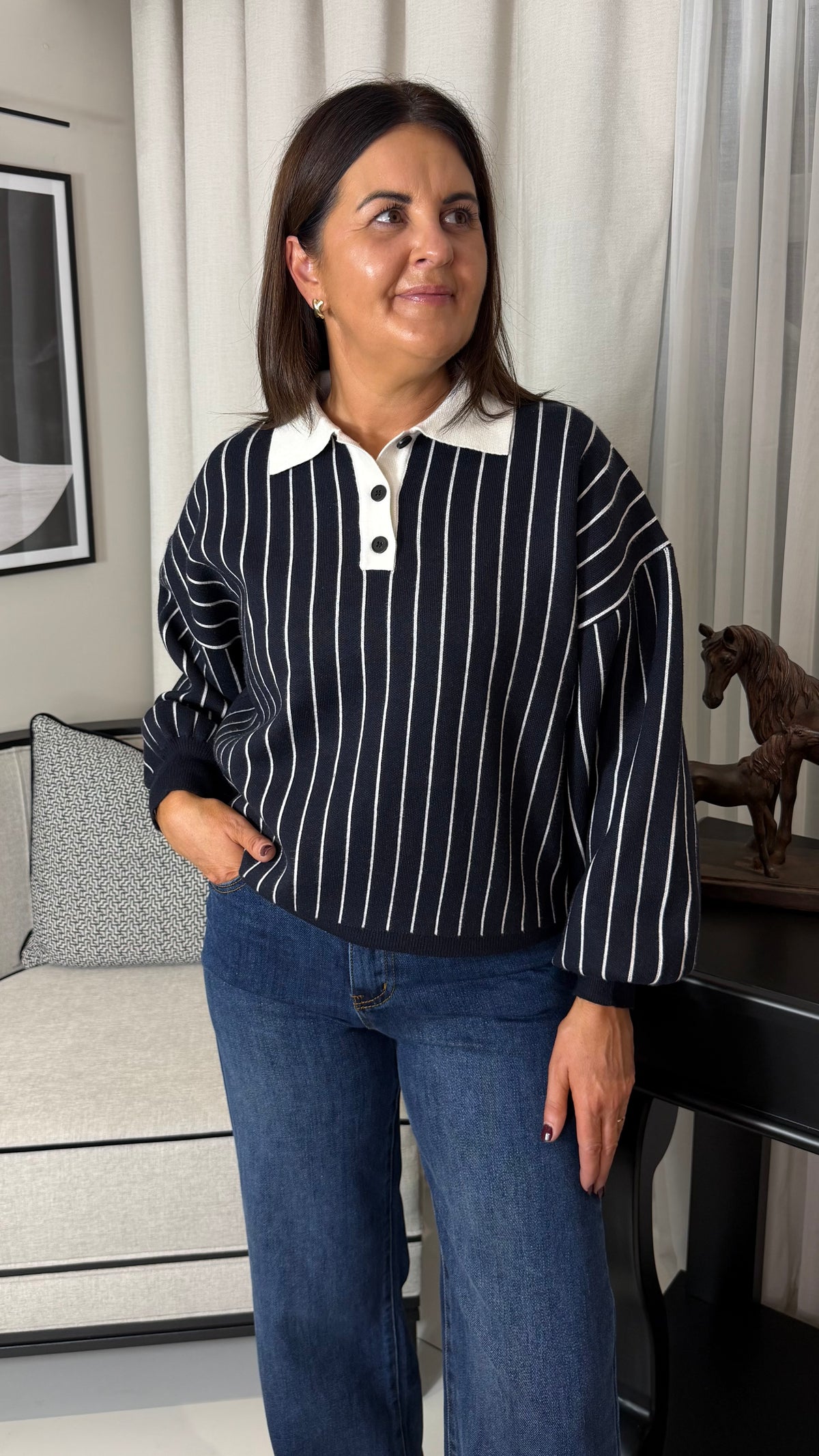 Navy Striped Polo Knit
