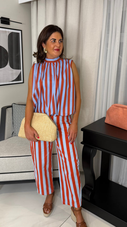 Terracotta & Light Blue Striped Jeans