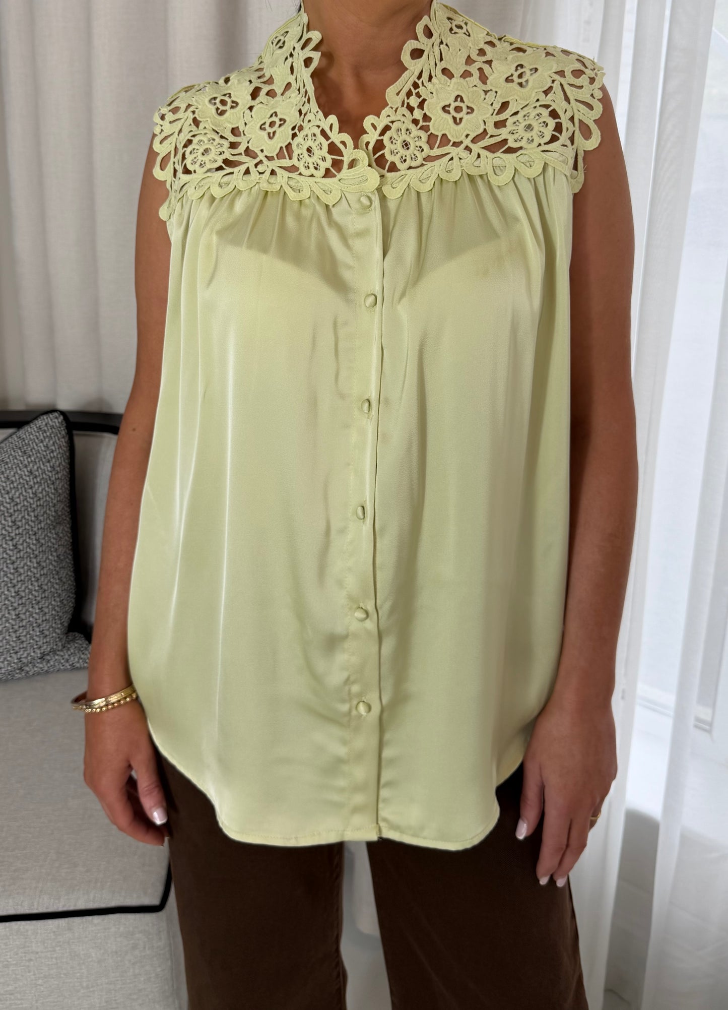 Sage Satin & Crochet Top
