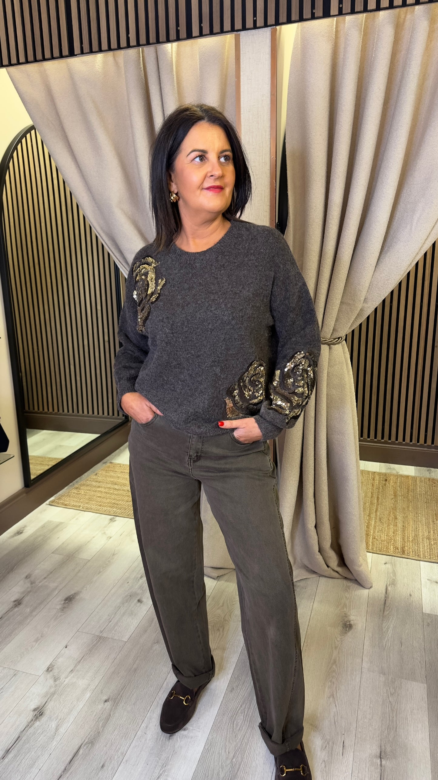 Coffee Jumper with Gold Sequins