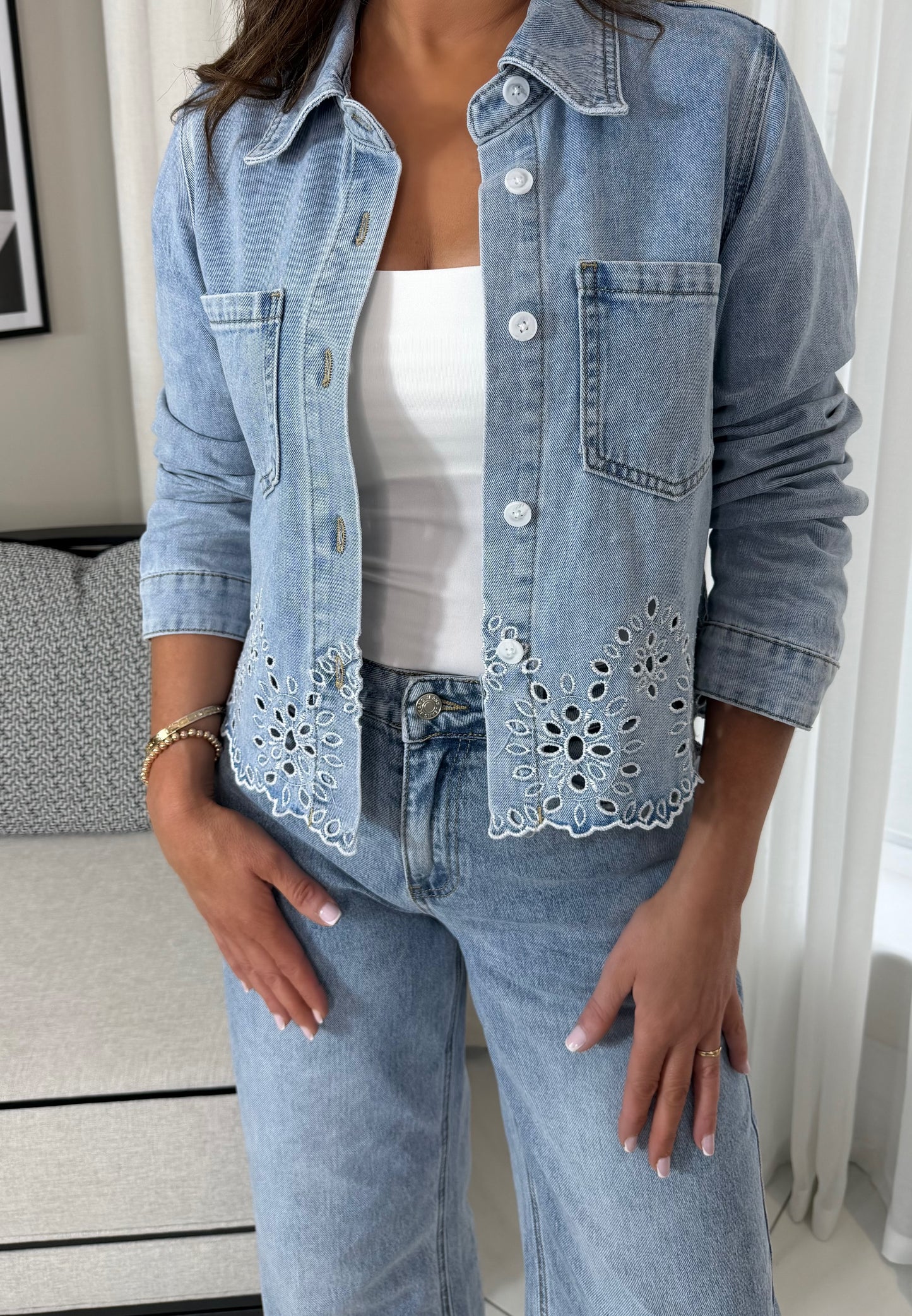 Denim Eyelet Embroidery Shirt