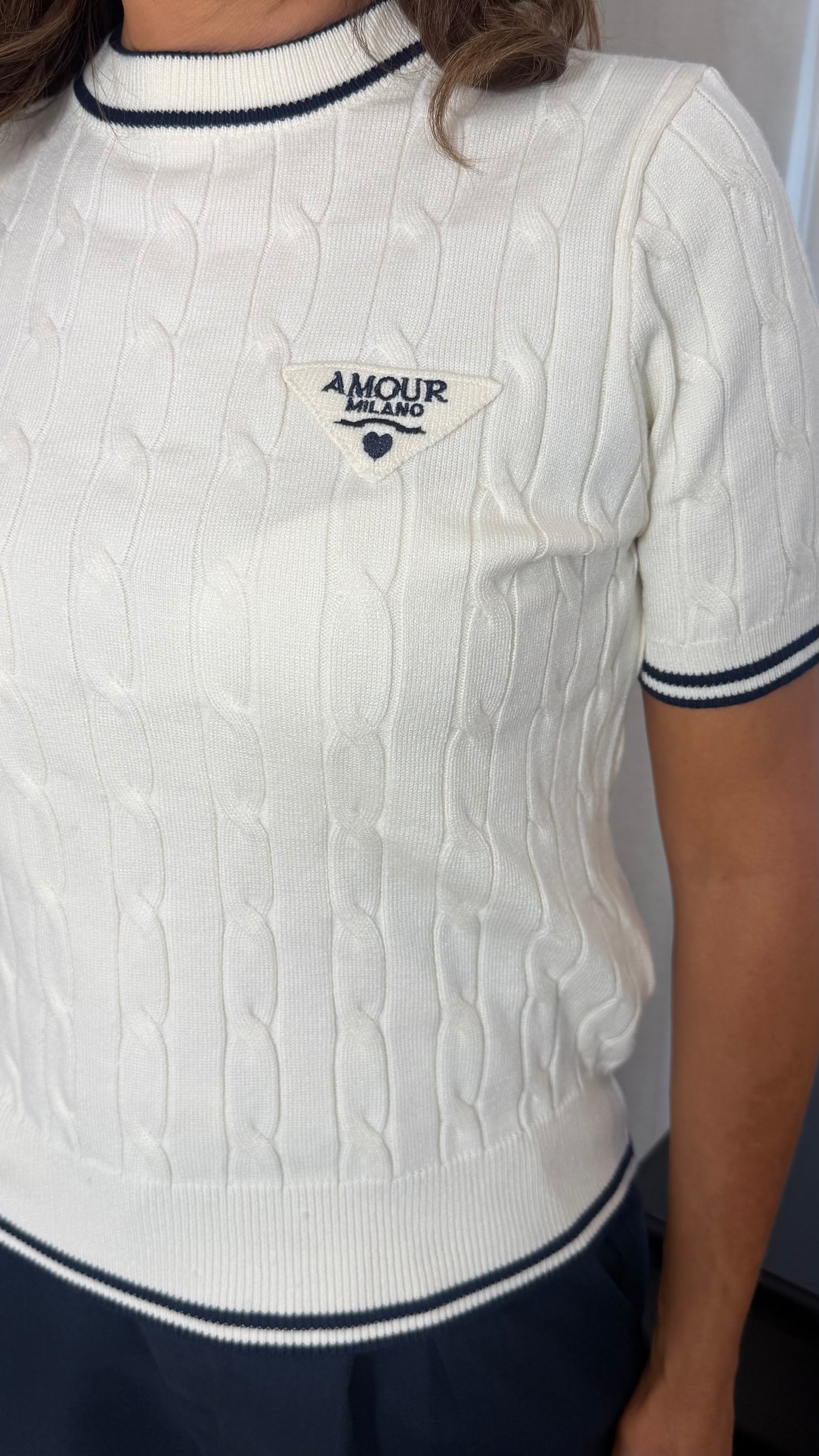 White Short Sleeve Cable Sweater