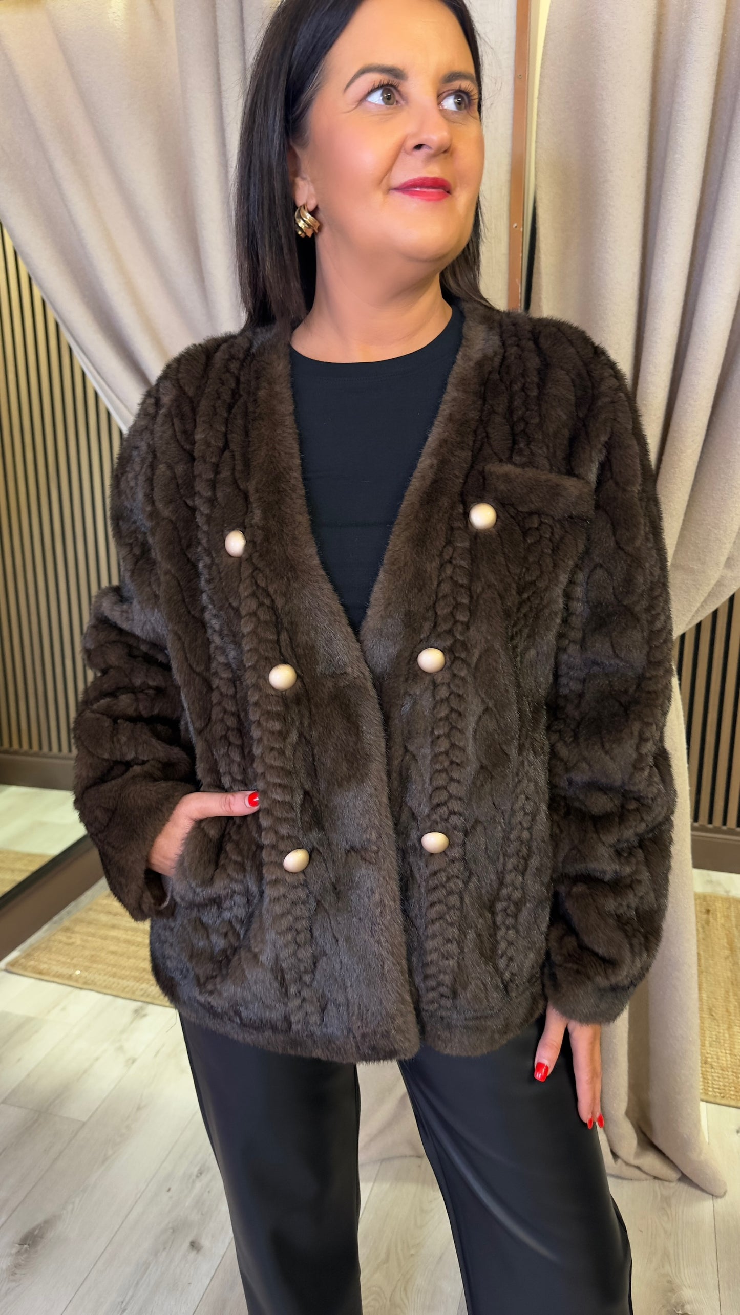 Brown Faux Fur Jacket with Cable Details