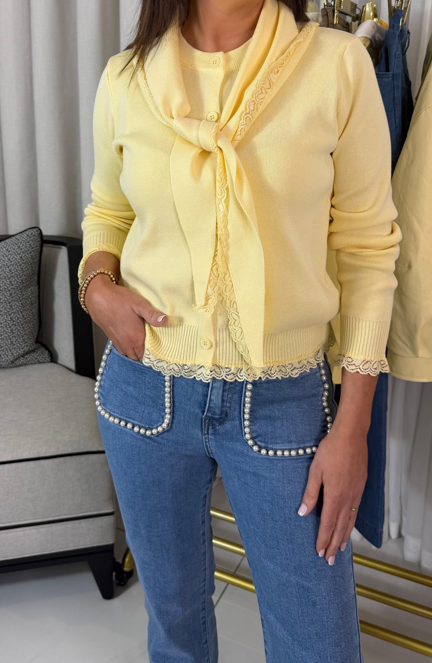Lemon Lace Trim Cardigan with Scarf