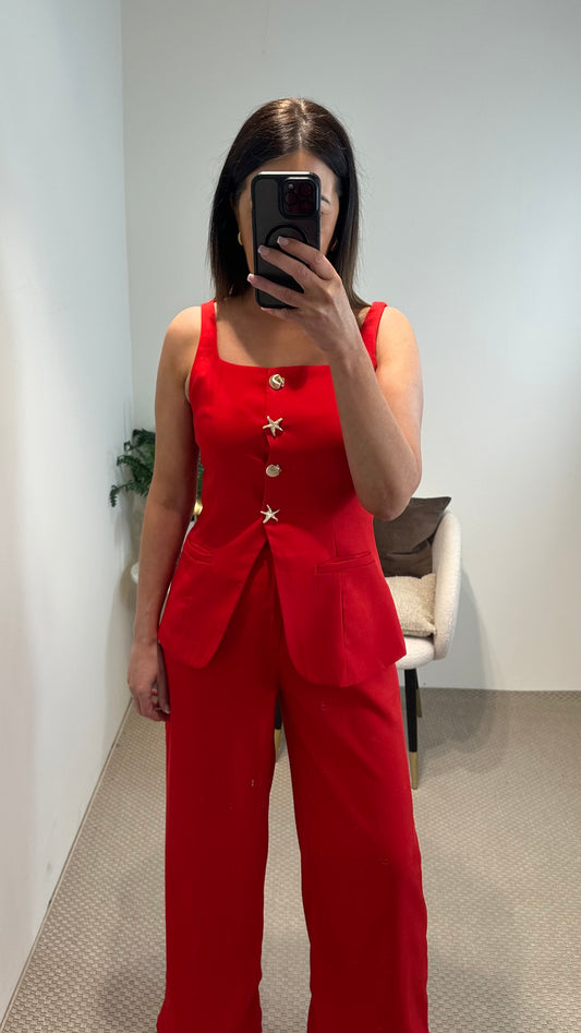 Red Waistcoat with Gold Abstract Buttons