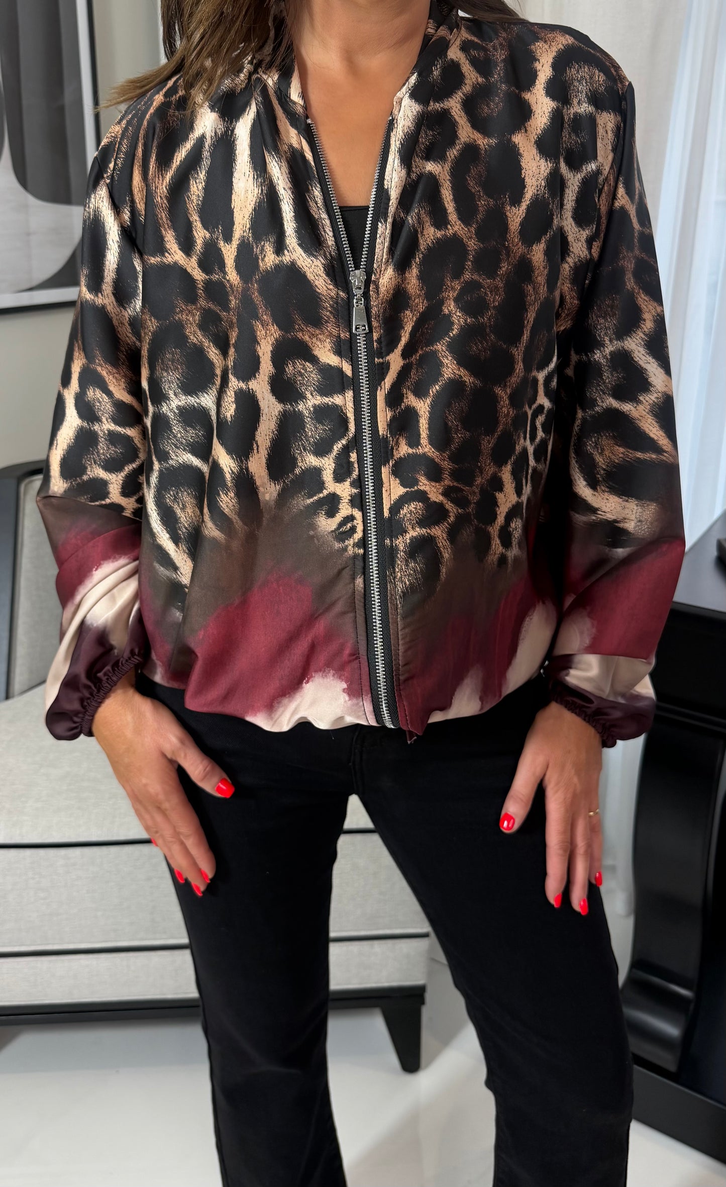 Lorna Leopard Bomber-Wine & Plum
