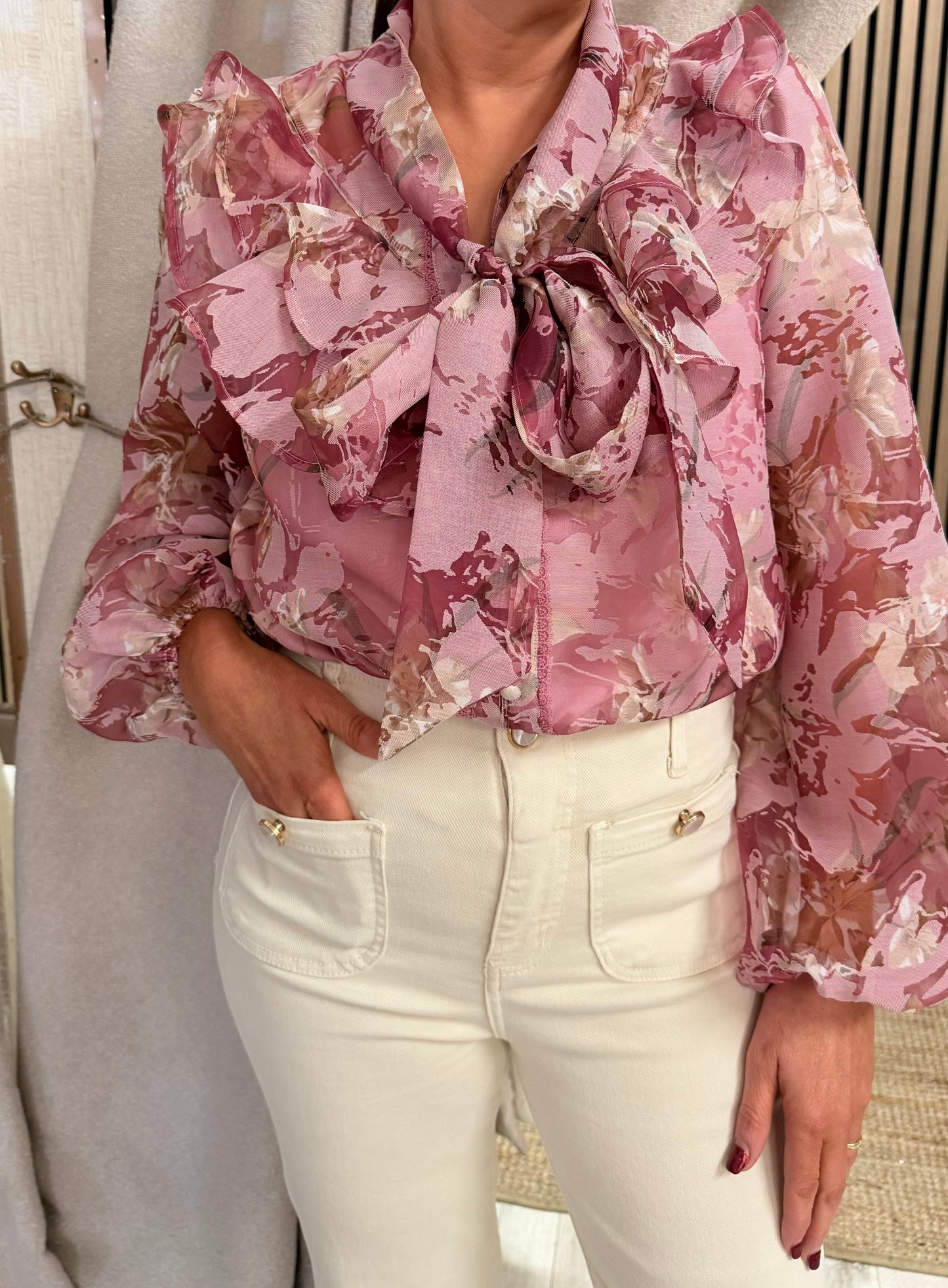 Pink Floral Tie Bow Blouse