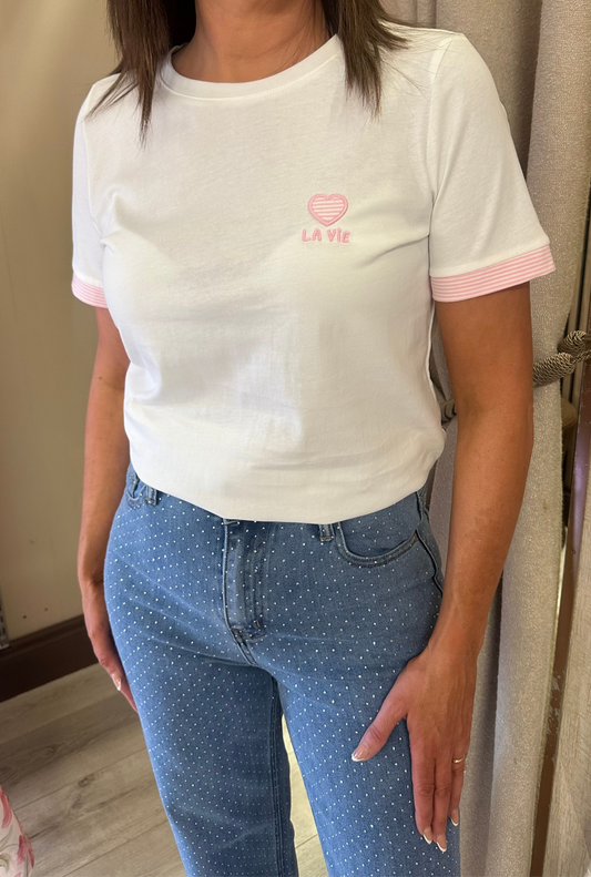 White T-Shirt with Pink Stripe