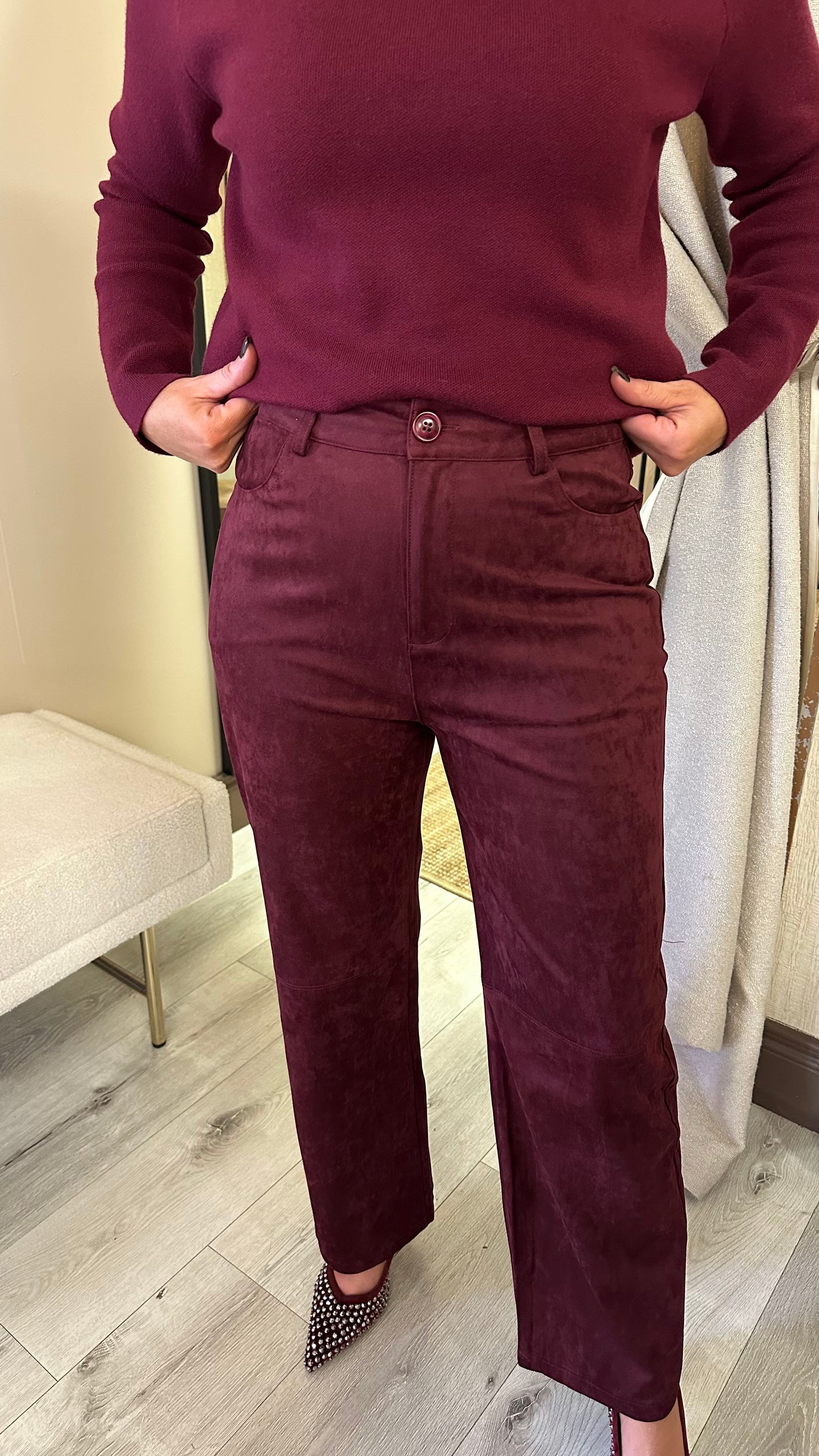 Wine Suedette Straight Leg Trousers