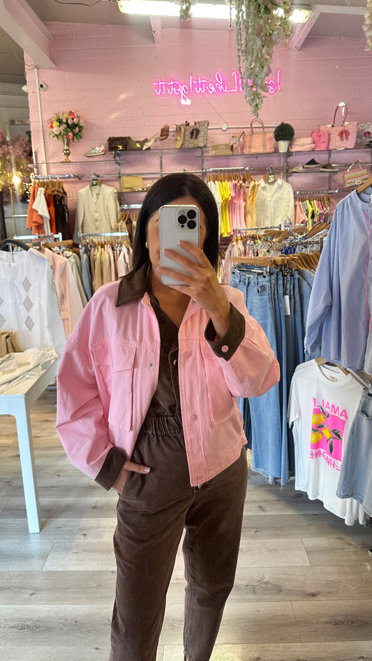 Pink Barn Jacket with Brown Corduroy Collar