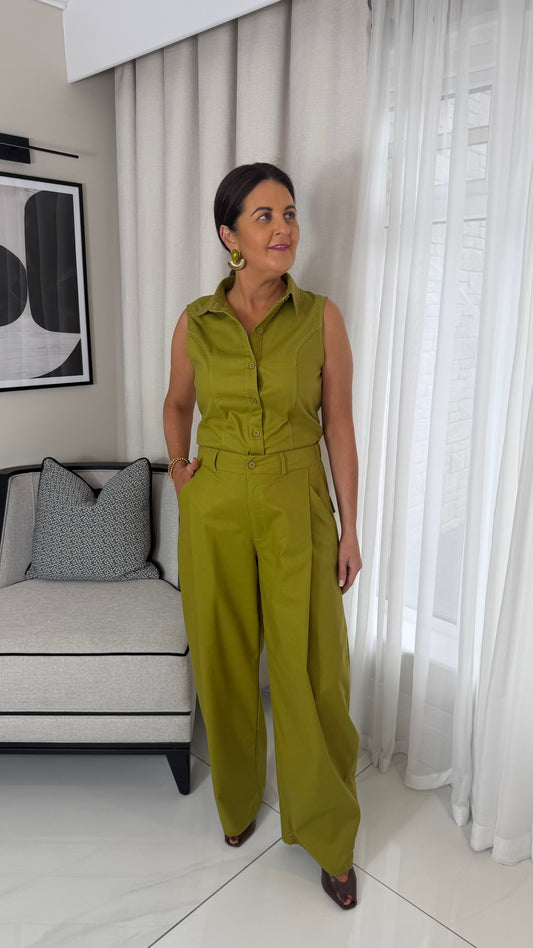Olive Wide-Leg Pleated Trousers