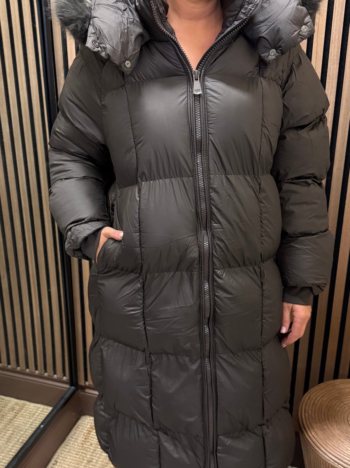 Chocolate -Long Faux-Fur Trim Puffer Coat