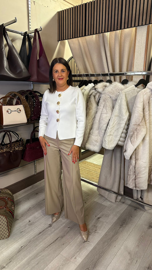 White Cardigan with Gold Statement Buttons
