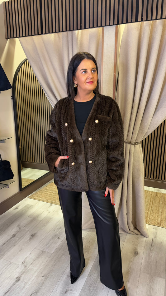 Brown Faux Fur Jacket with Cable Details