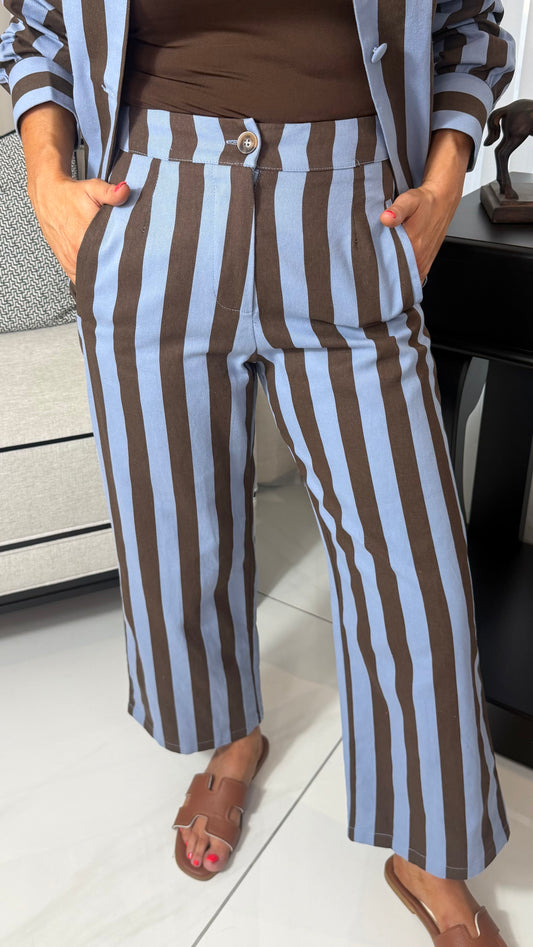 Blue & Chocolate Striped Cropped Trousers