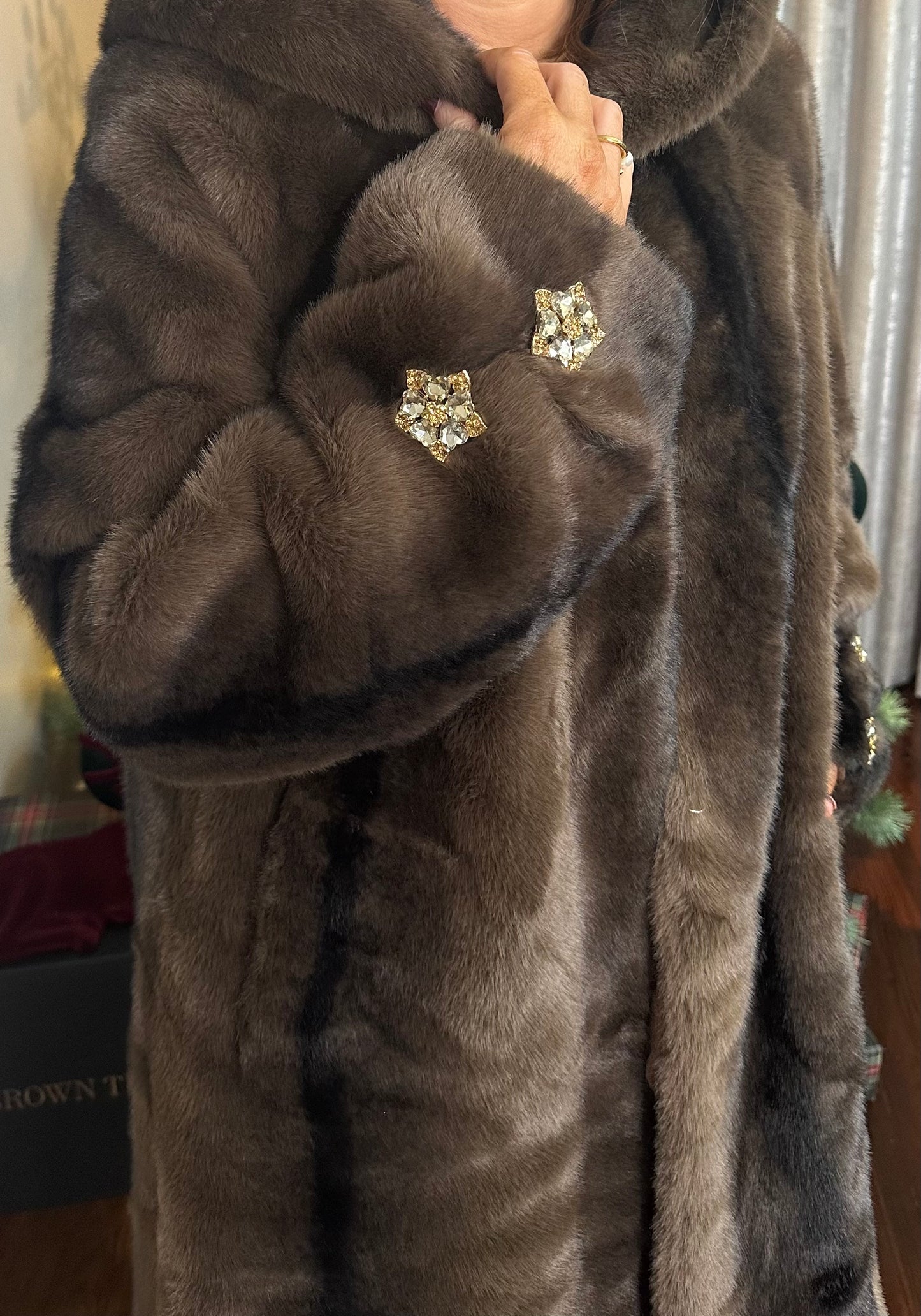Luxe Brown Crystal Faux Fur Coat