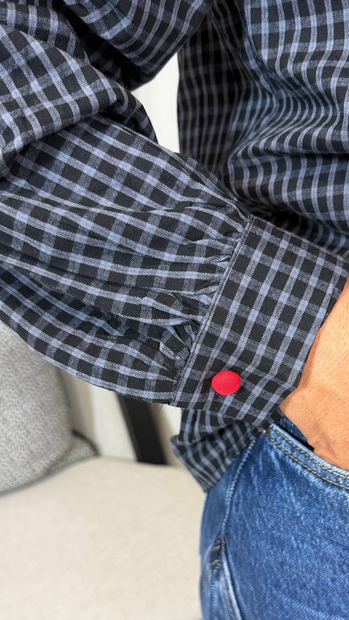 Grey Gingham Blouse with Red Trim