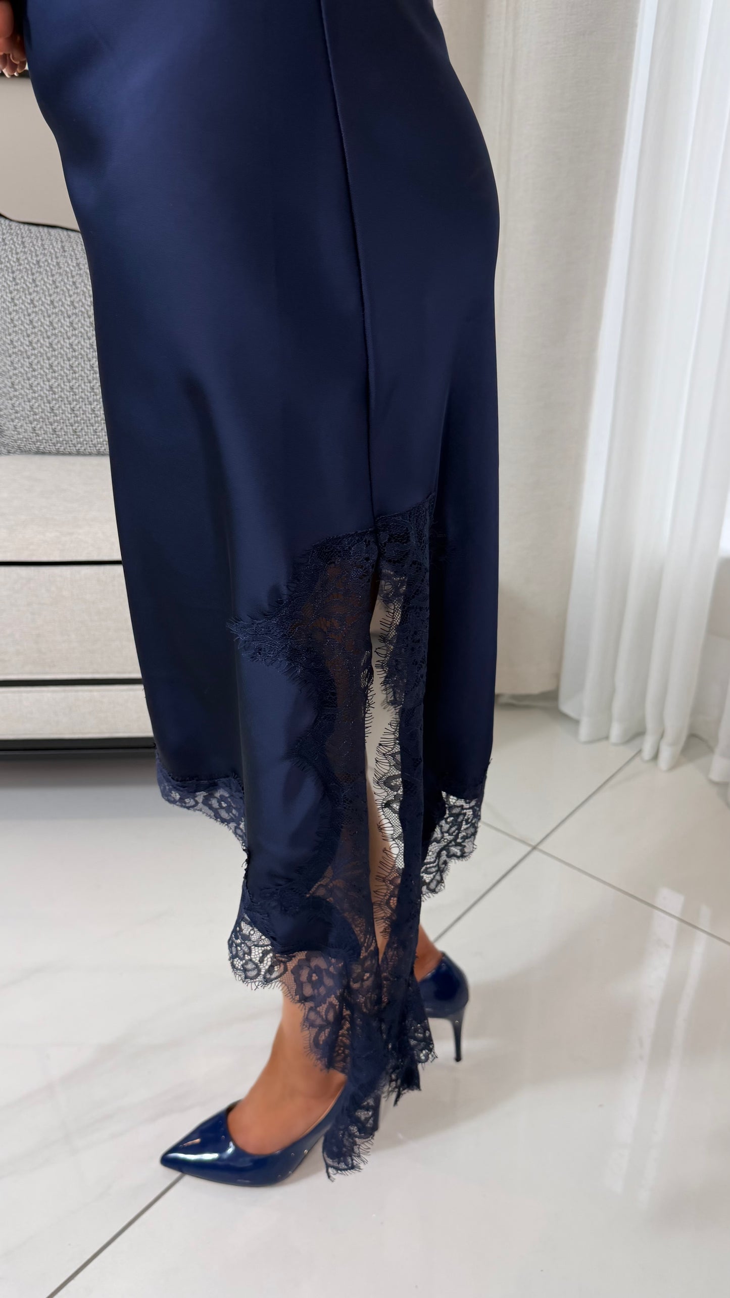 Navy Satin & Lace Dress