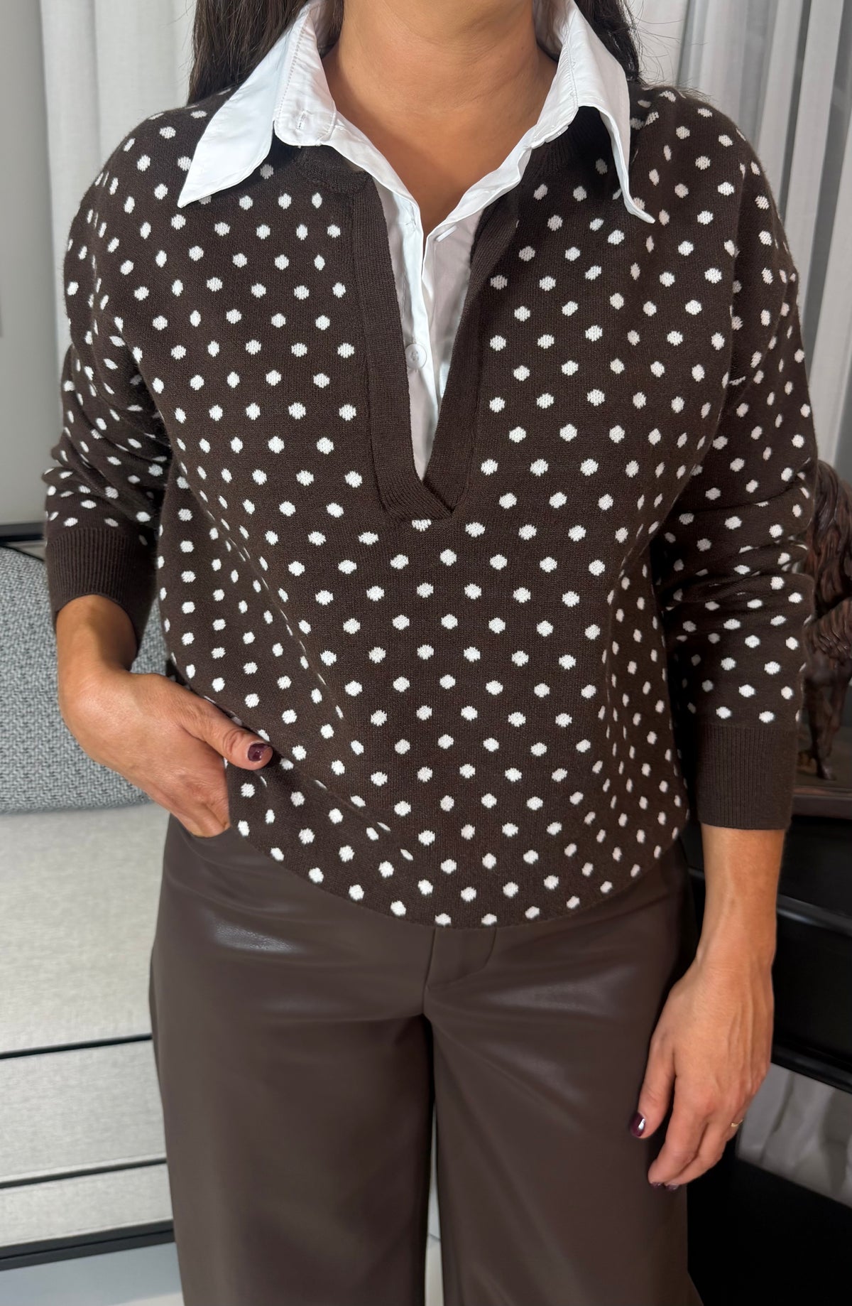 Brown Polka Dot Shirt Sweater