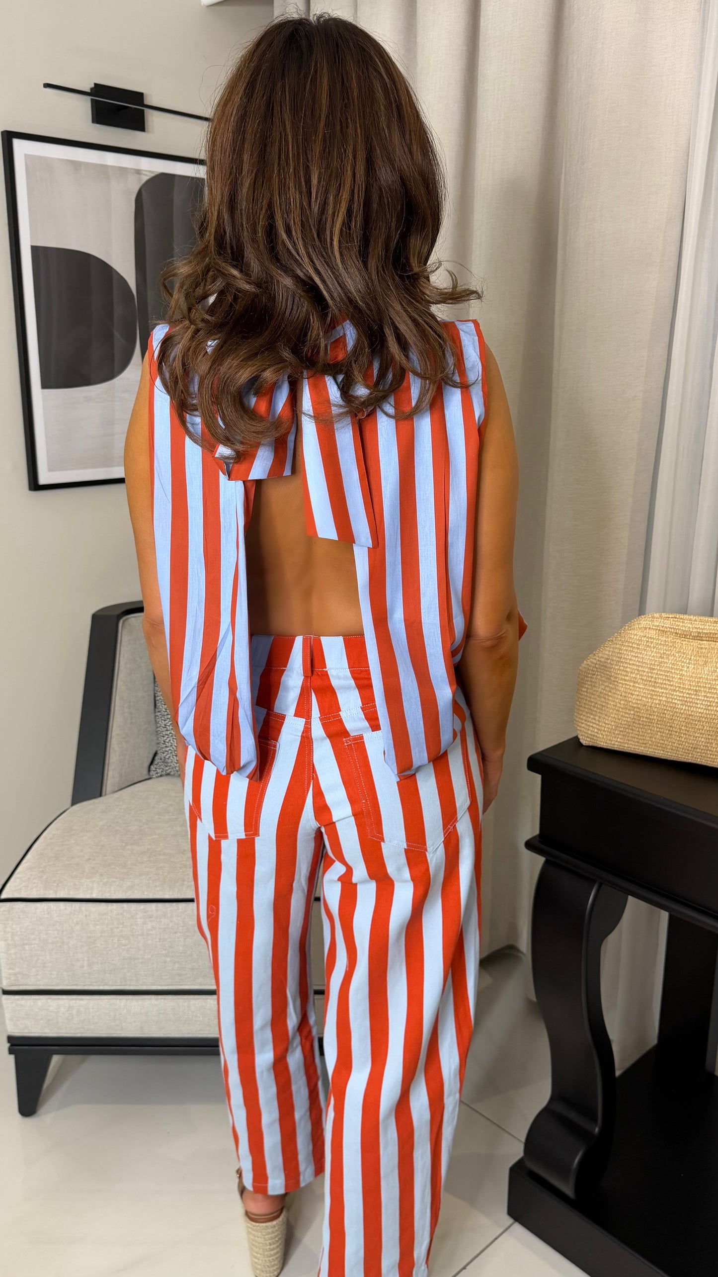Terracotta & Blue Striped Open Back Top