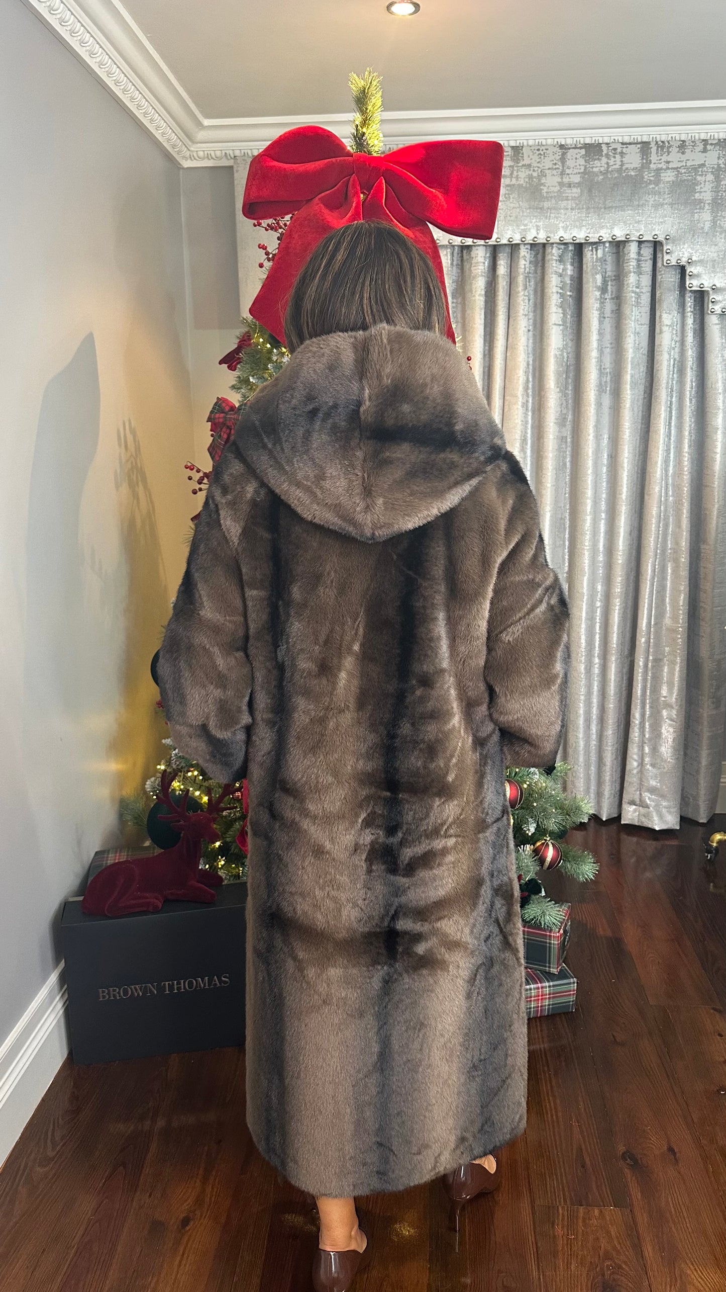 Luxe Brown Crystal Faux Fur Coat