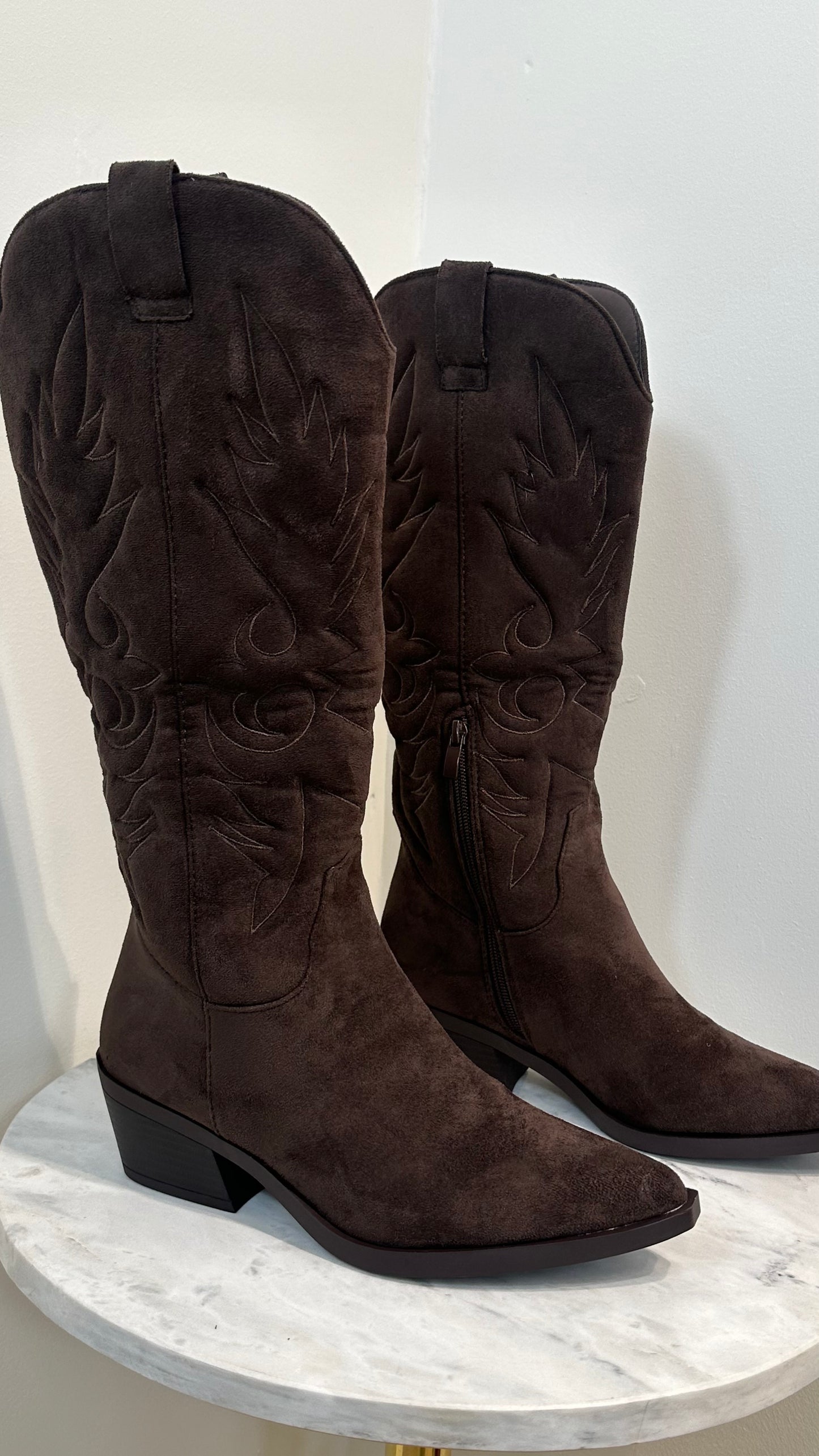 Brown Faux Suede Cowboy Boots