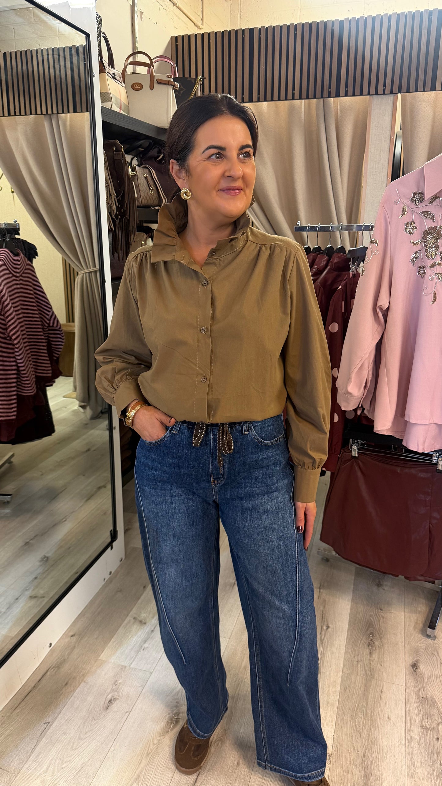 Camel Frill Neck Blouse