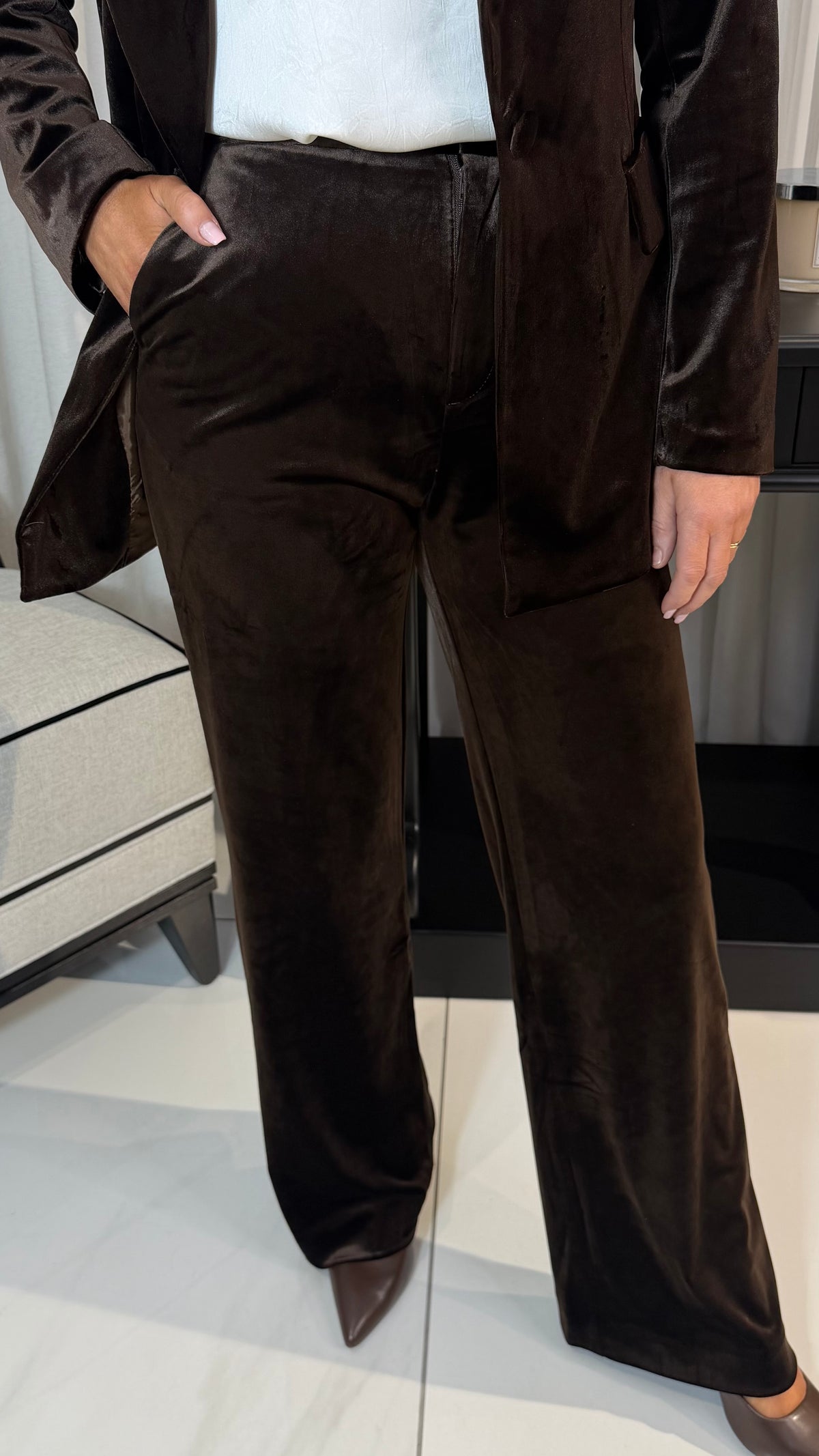 Brown Velvet Wide Leg Trousers